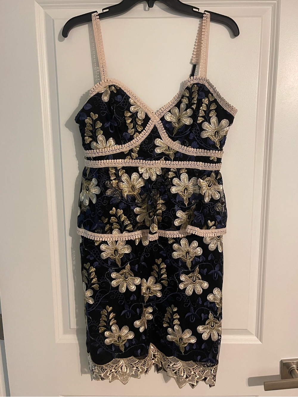 Lulu's Navy Velvet Mini Dress with Gold Floral Embroidery